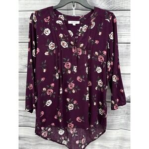 MONDAY FUN 3/4 SLEEVE PULLOVER BLOUSE Women's Size‎ Small WINE FLORAL